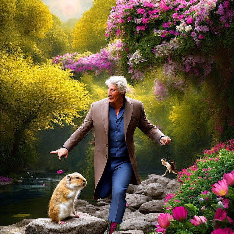 Elderly man with white hair in whimsical nature scene