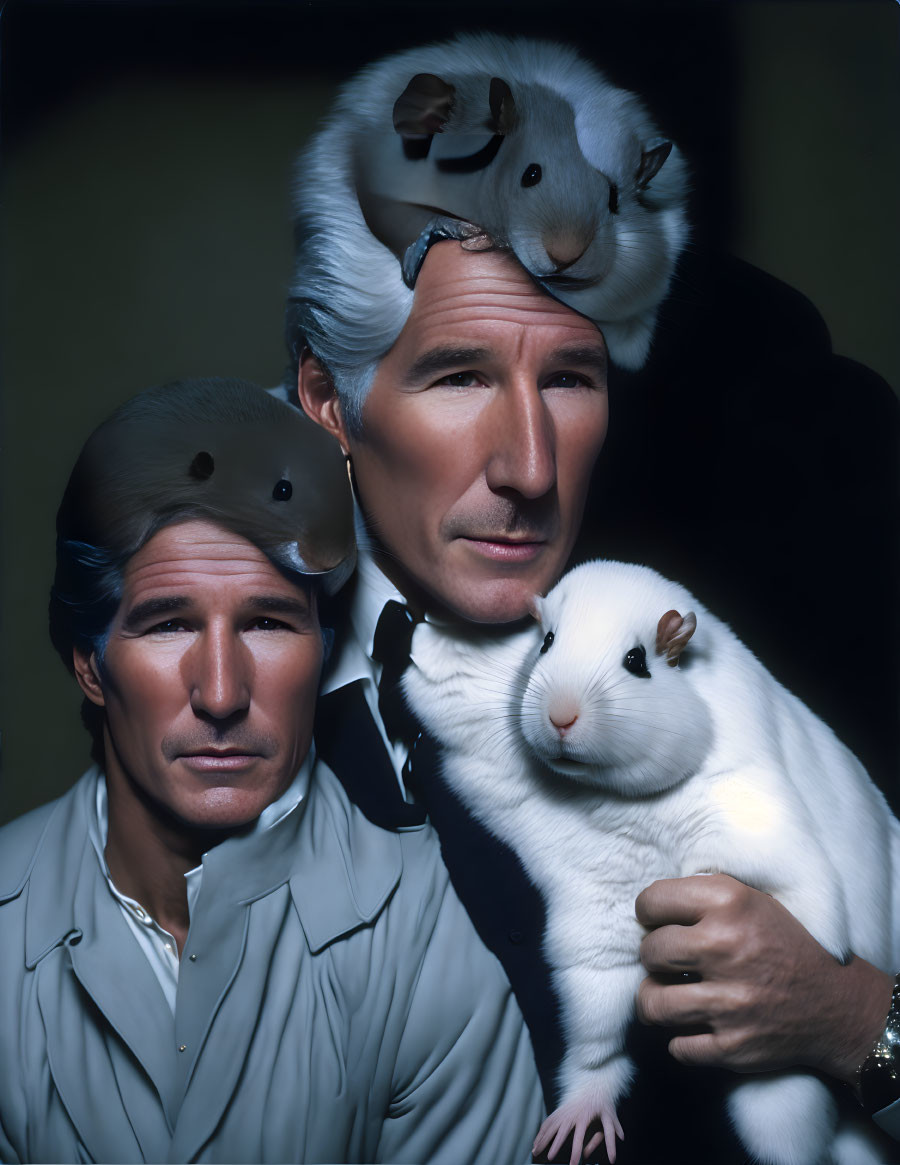 Identical Men in Suits with White Guinea Pigs on Shoulders