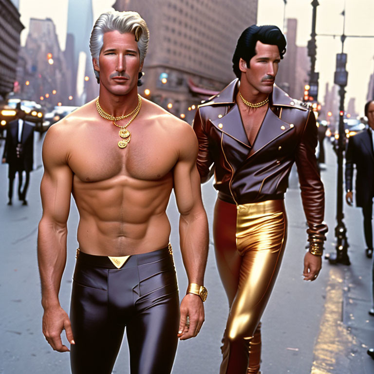 Muscular men in stylized costumes posing on city street