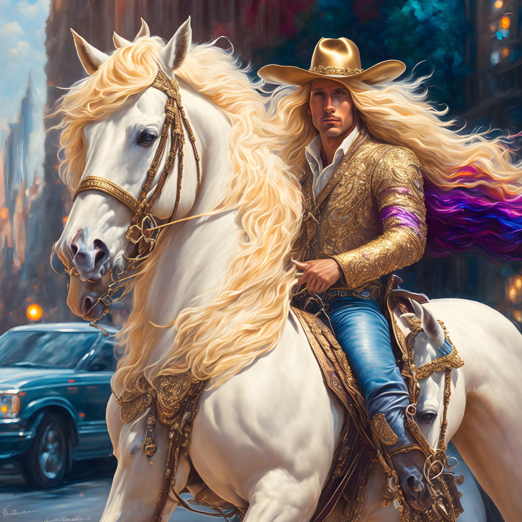 Cowboy in golden outfit riding white horse in city street