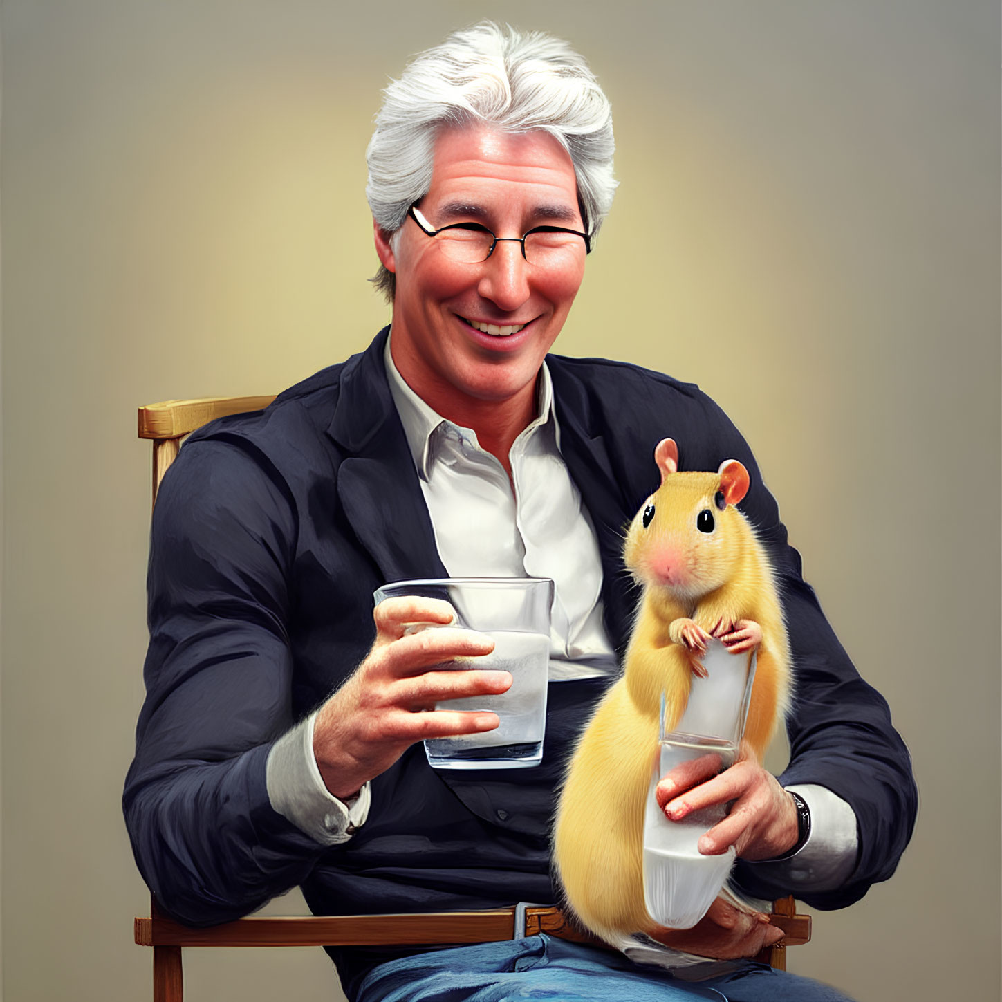 Silver-haired man in blazer with glass beside smiling hamster and milk bottle