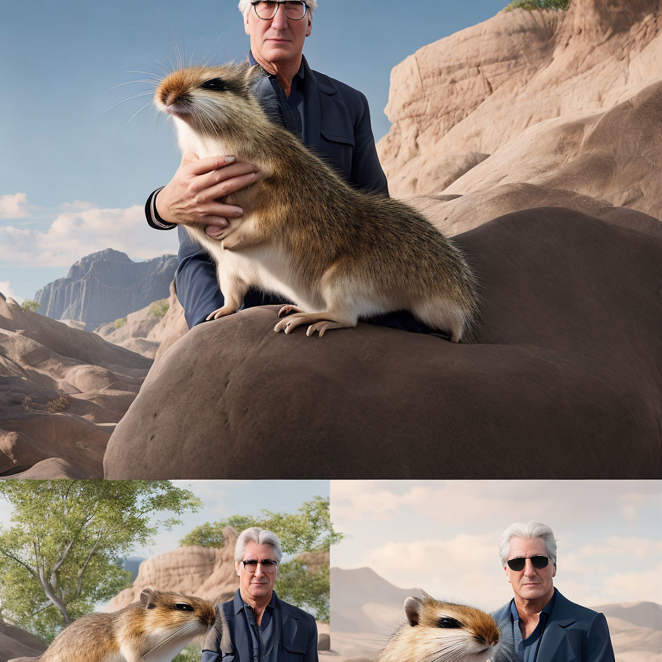 Two men with giant capybara in rocky desert scene