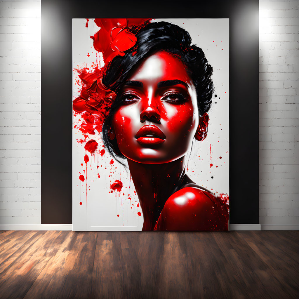 Vivid portrait of woman with red accents on white brick wall