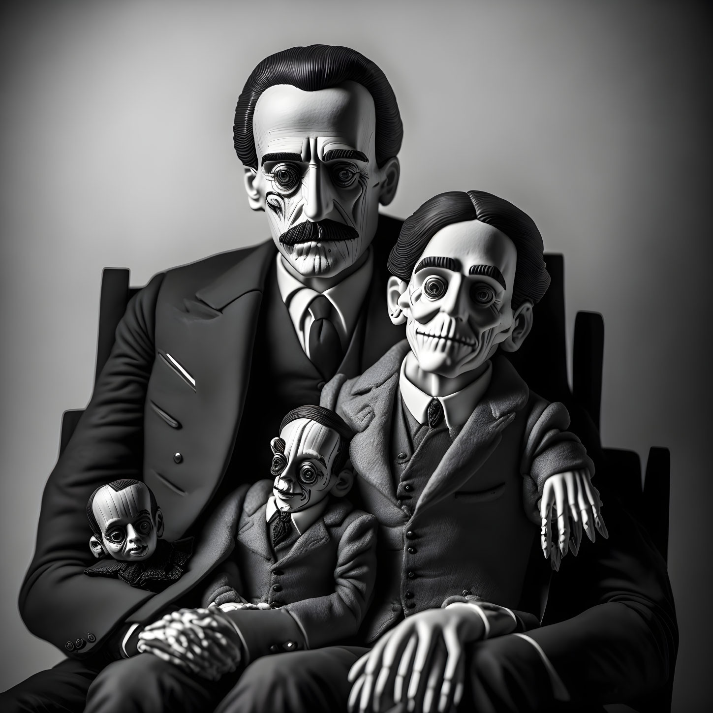 Monochromatic Gothic Family Portrait with Exaggerated Features