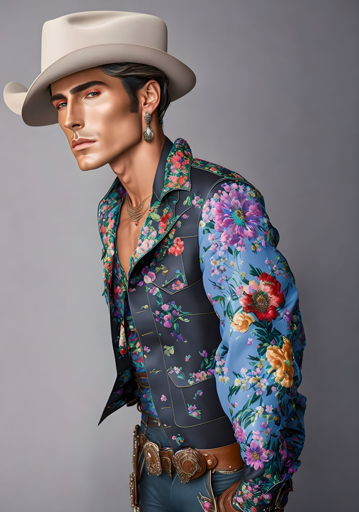 Illustration of person in floral shirt, hat, detailed belt buckle