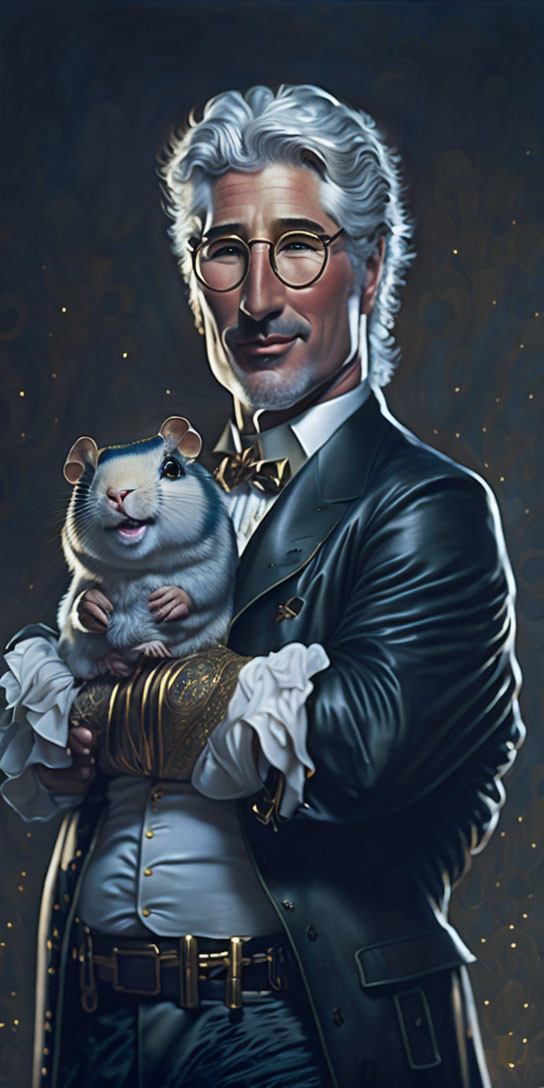 Illustration of a stylish gentleman with silver hair holding a happy hamster