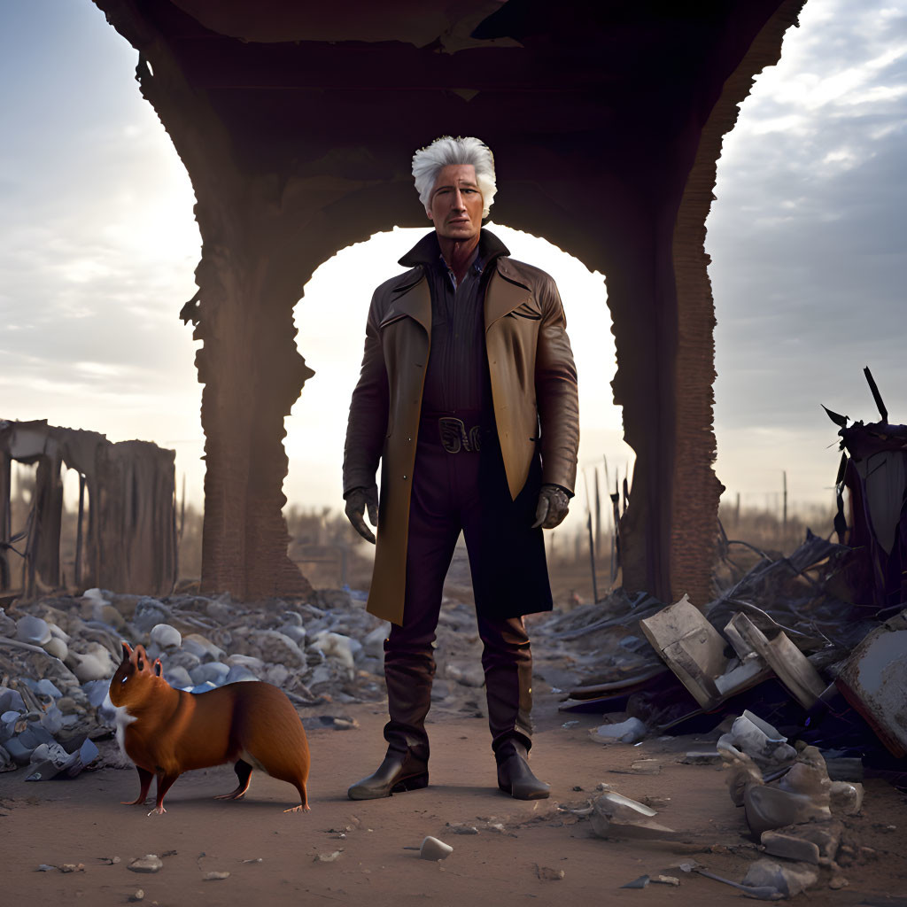 White-Haired Man Stands in Desolate Landscape with Orange Creature