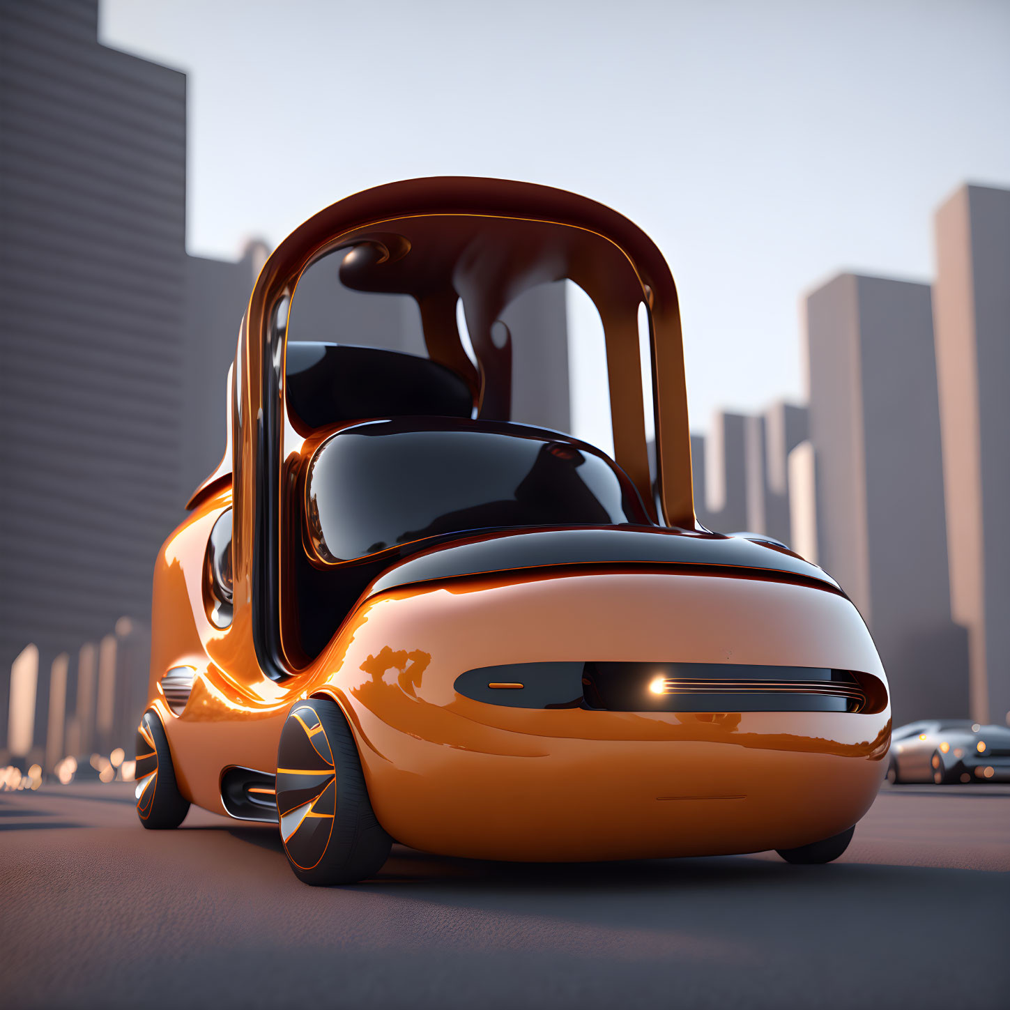 Futuristic orange autonomous car with sleek design and large windows parked on city road at dusk