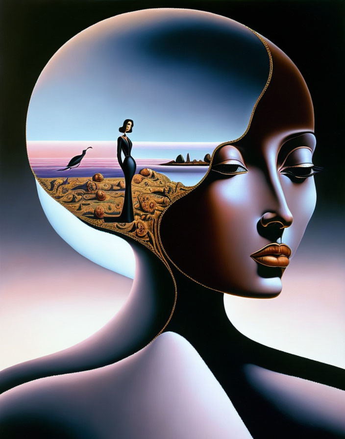 Surreal artwork: woman's face with landscape, figure, and bird under twilight sky