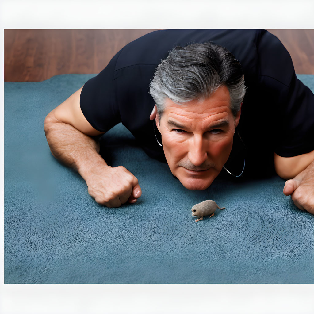 Gray-haired man on blue mat gazes at small mouse