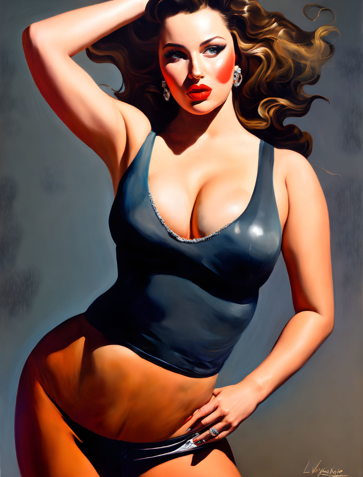 Voluptuous woman in low-cut swimsuit with wavy hair poses confidently