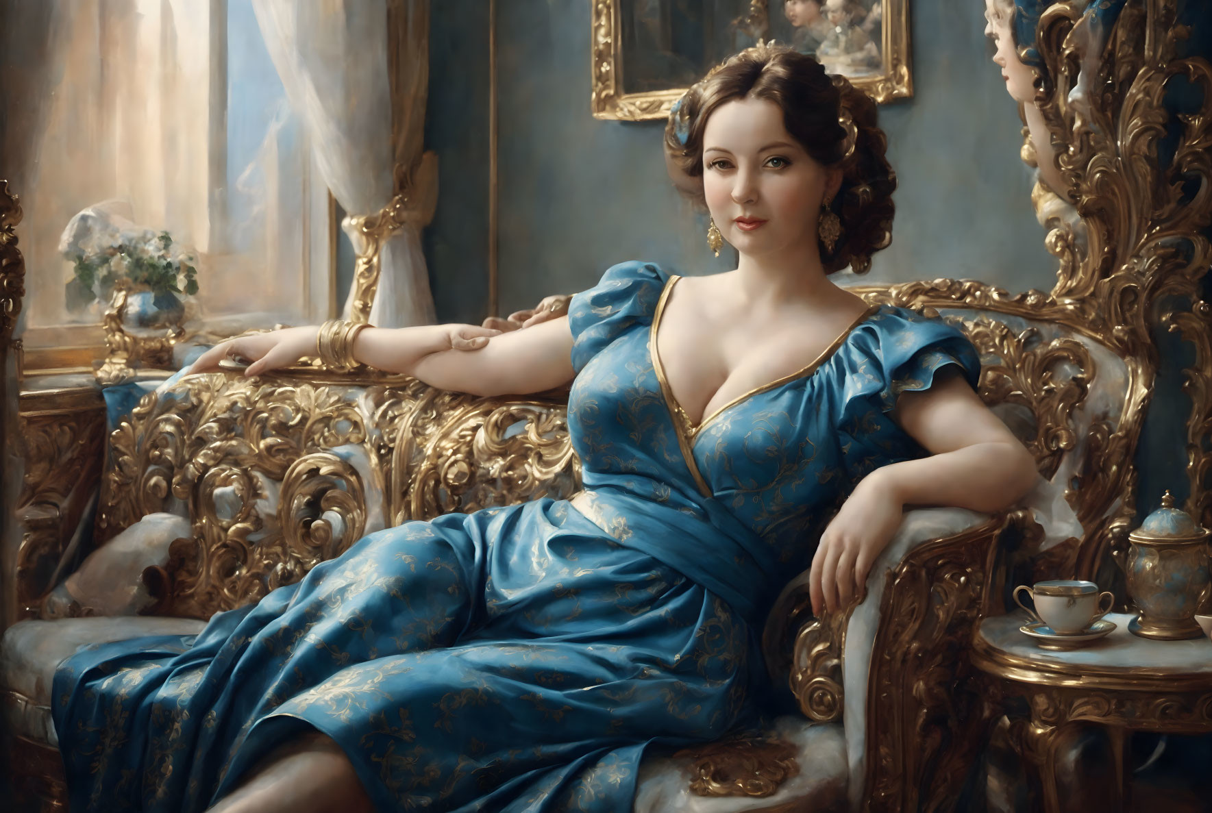 Elegant woman in blue gown on ornate sofa in luxurious room