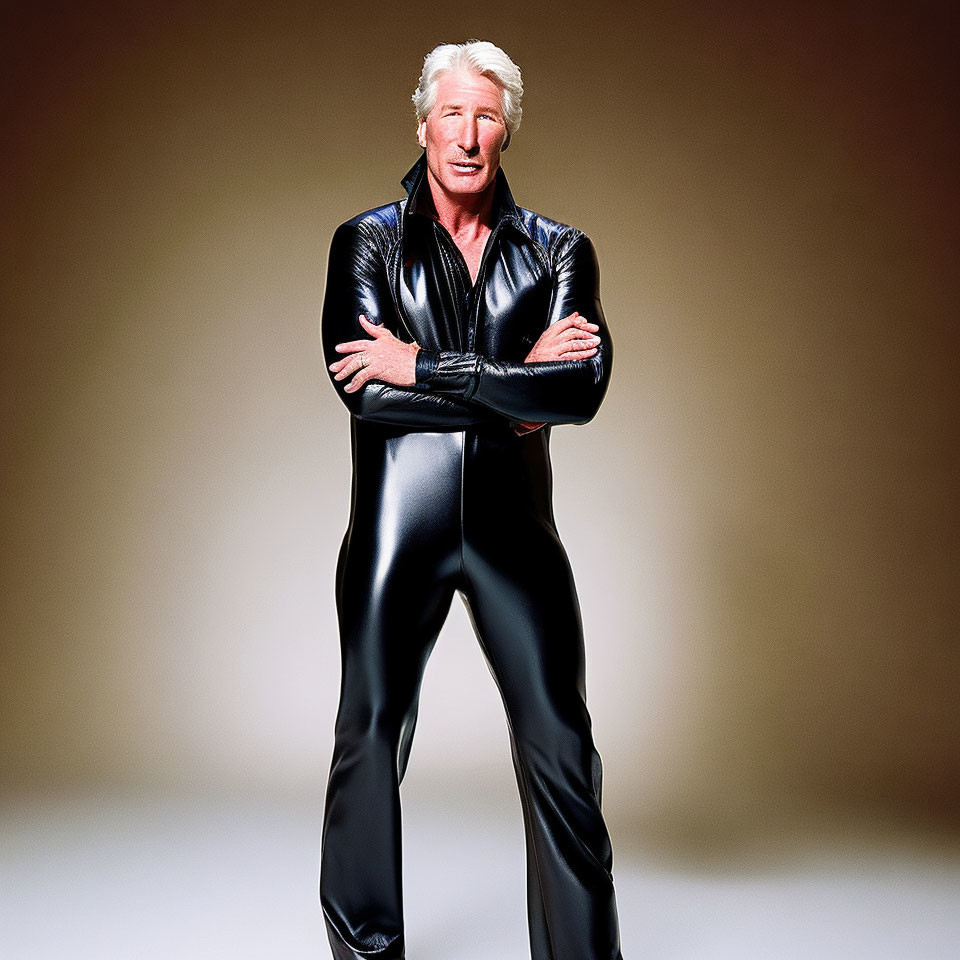 Fair-Haired Person in Black Leather Outfit Standing Against Tan Background