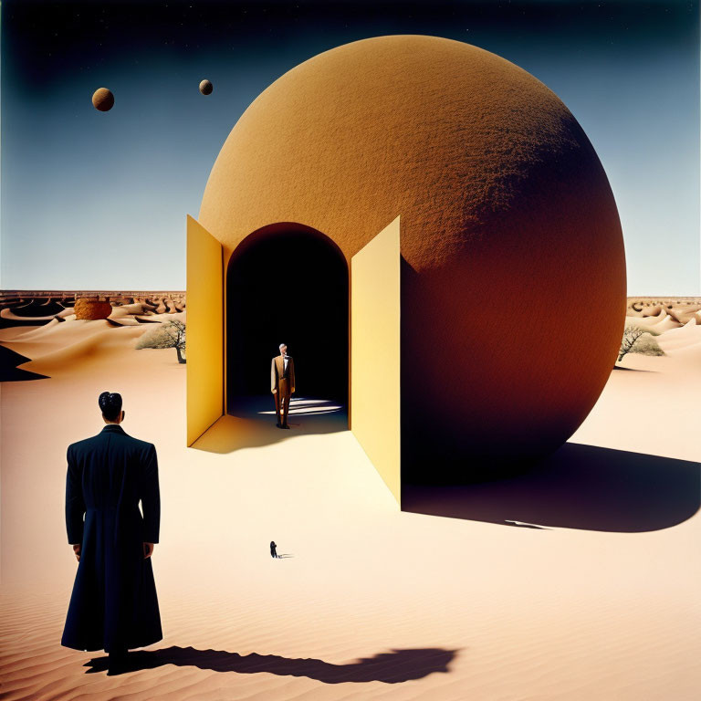 Man standing before giant sphere with open door in surreal desert scene