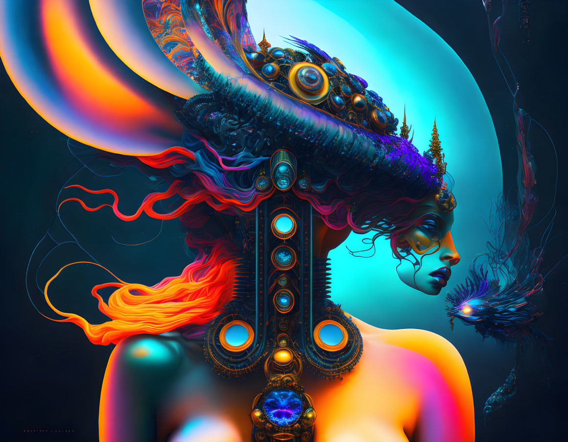 Colorful digital artwork featuring a female figure with ornate headdress and fiery hair in blue and orange