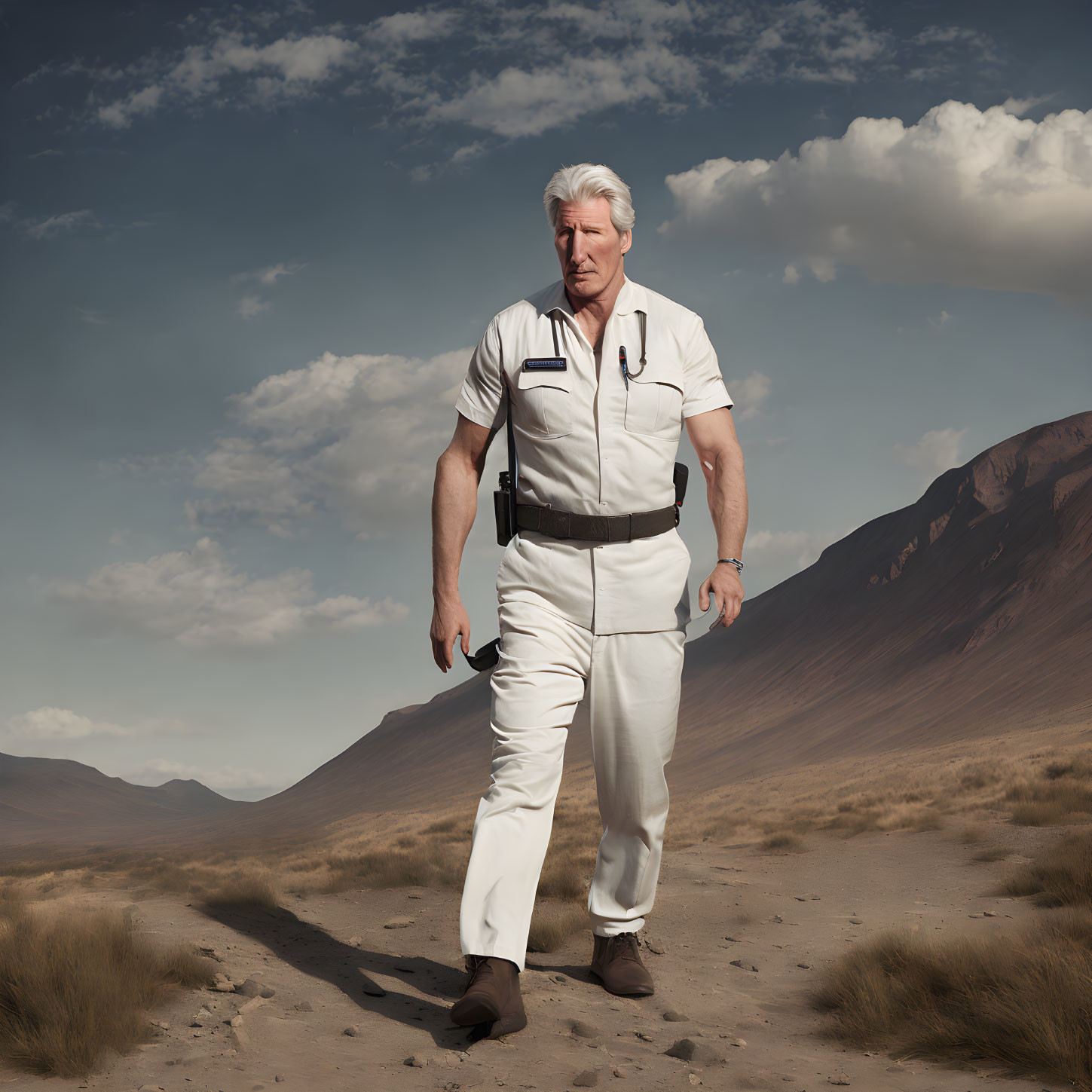 White-haired man in white attire and black boots standing in desert landscape.