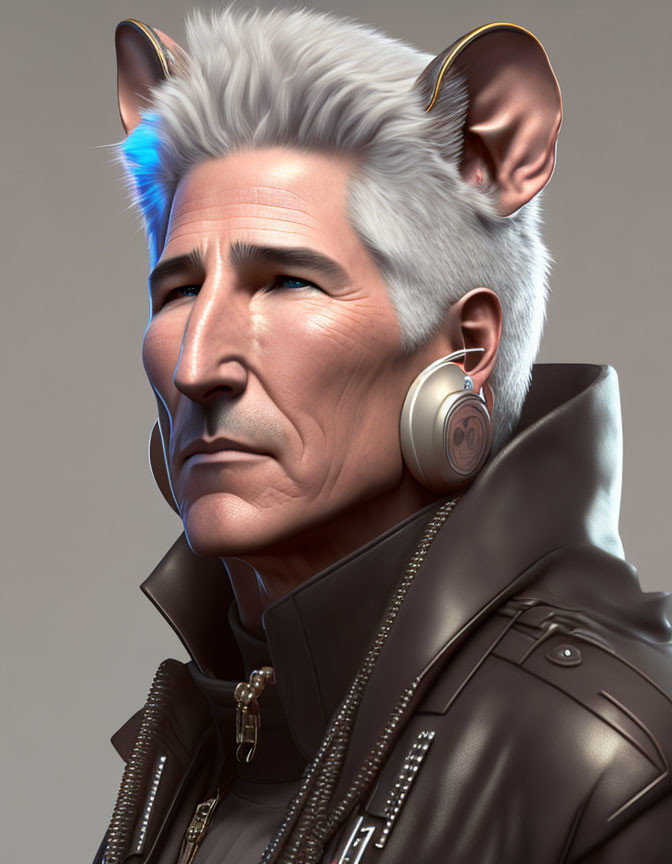 Digital artwork: Man with animal attributes, pointed ears, white hair, fur texture, headphones, leather