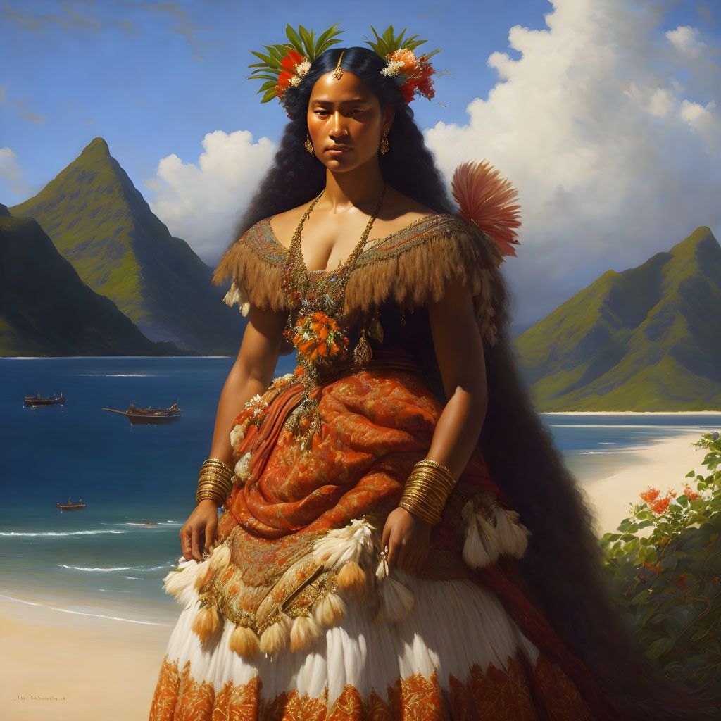 Polynesian woman in traditional attire on beach with mountains and canoes