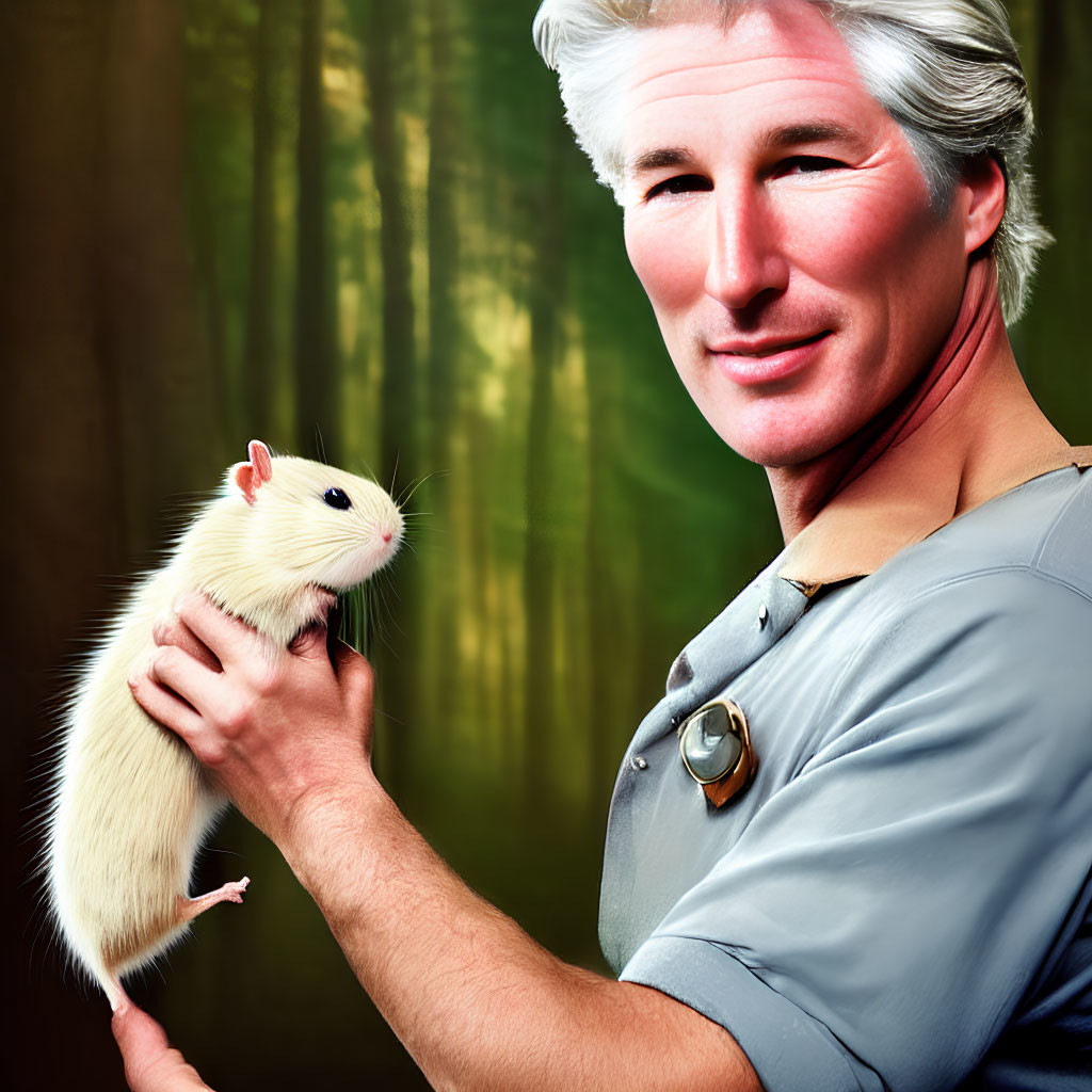 Silver-Haired Man Smiling with White Rat in Forest Setting