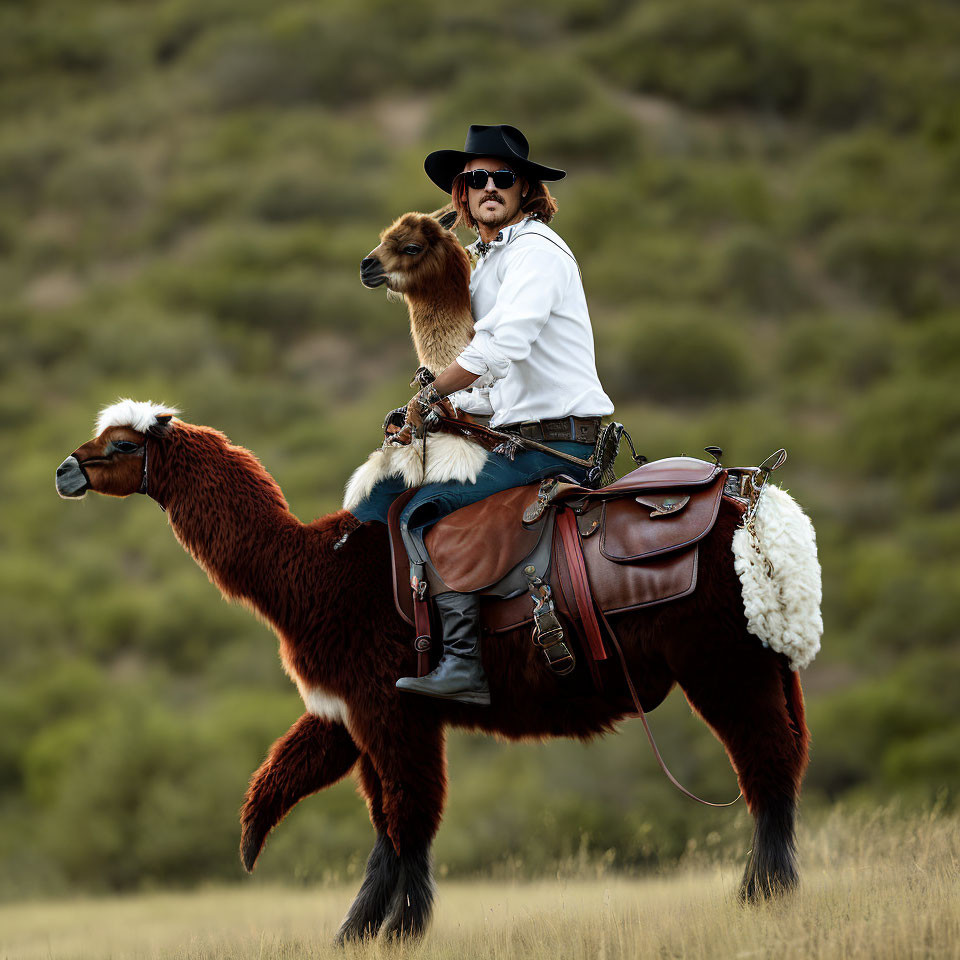 Long-haired person on brown alpaca with hat and dog in green landscape