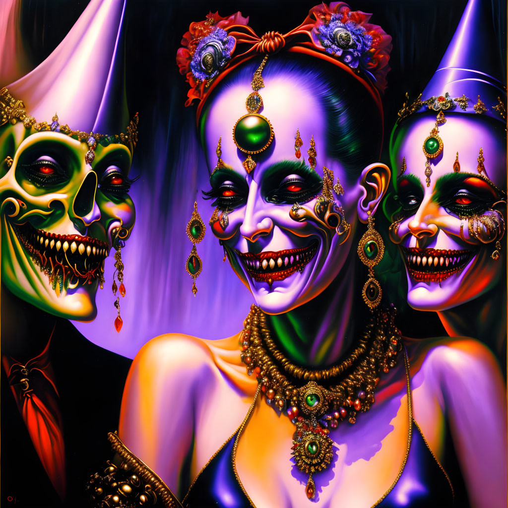 Colorful Sinister Clowns with Jewels and Party Hats on Dark Background