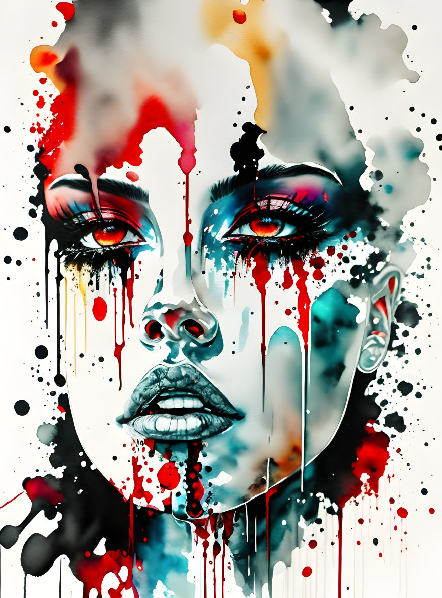 Vivid artwork featuring woman's face with red and black paint drips.