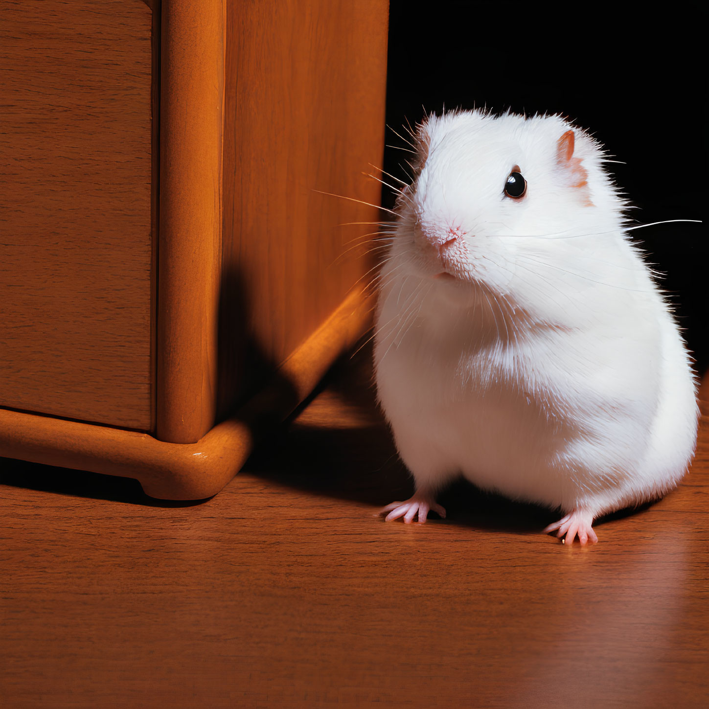 White pet hamster on wooden floor near cabinet under soft lighting