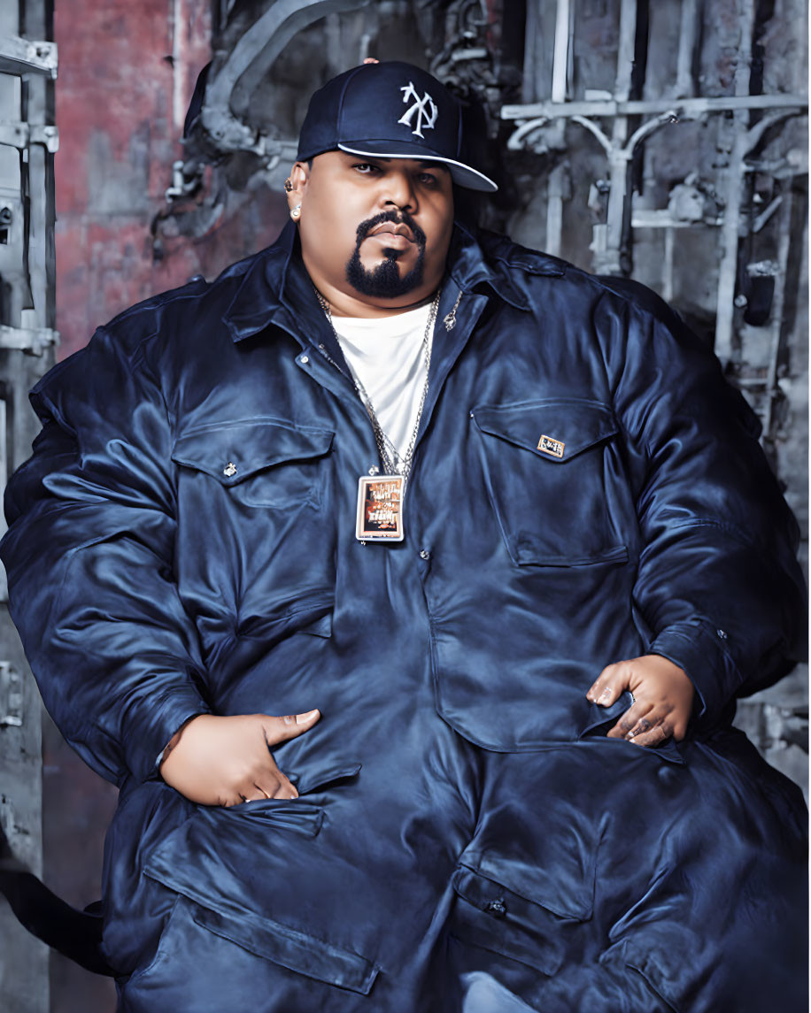 Confident man in navy blue jacket and cap with hand on chain necklace.