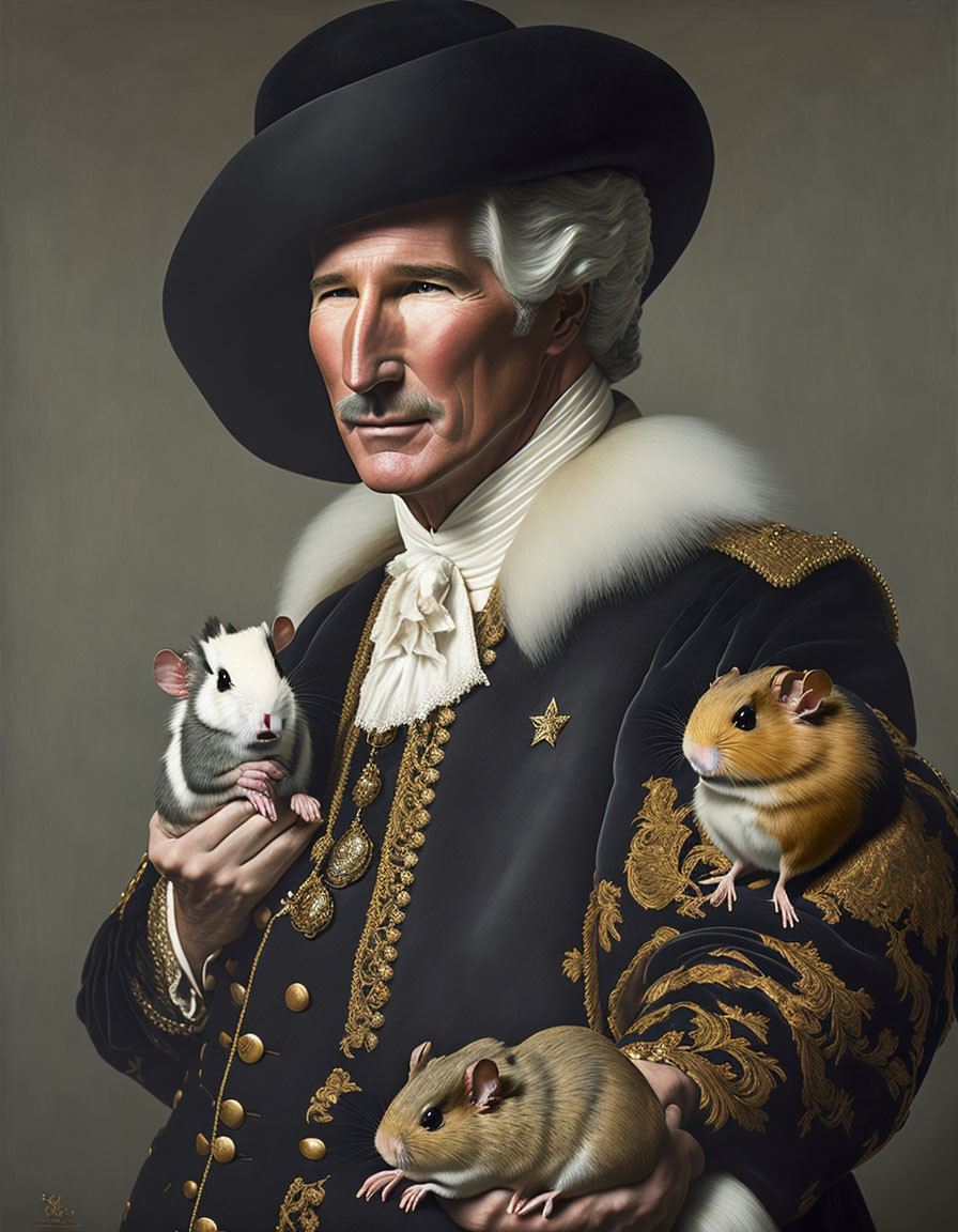 Historically dressed man with white mustache holding rats - portrait.