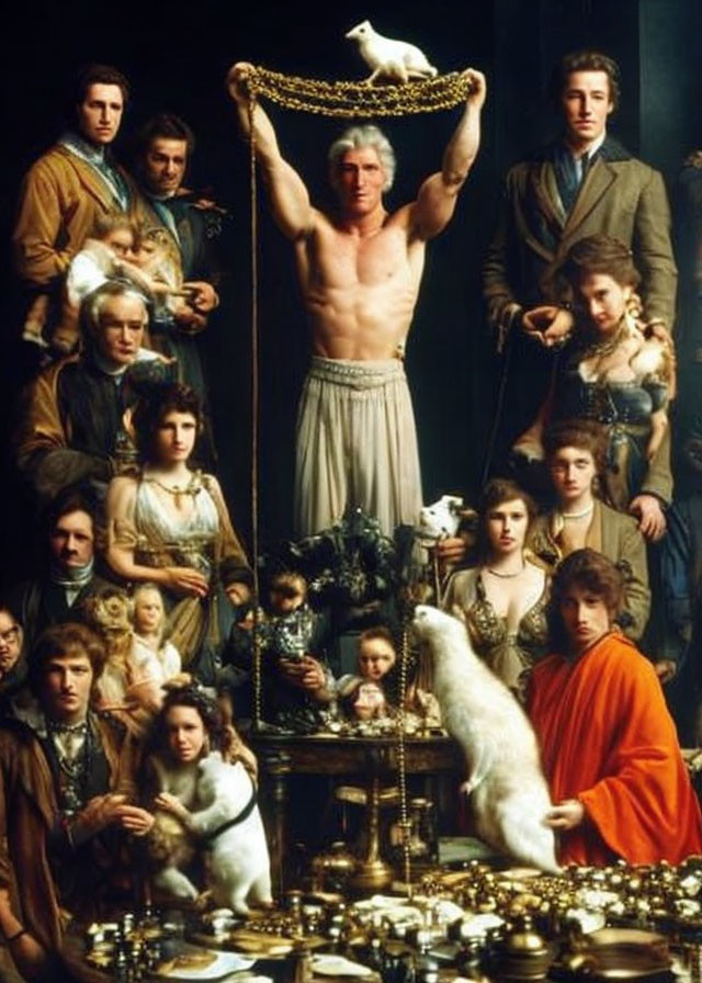 Classical scene with people in period costumes and man holding a snake.