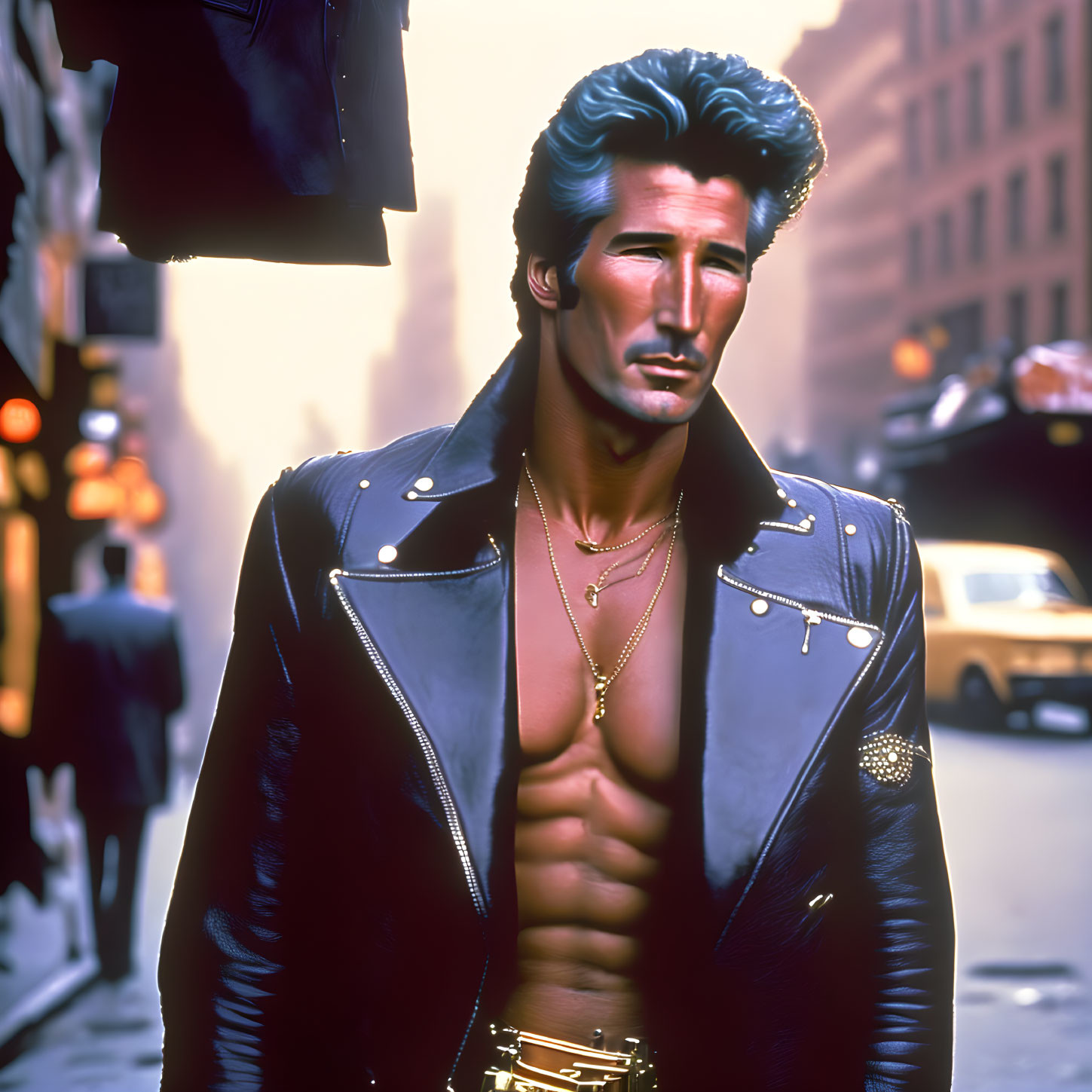 Man with Blue Hair and Open Leather Jacket on City Street