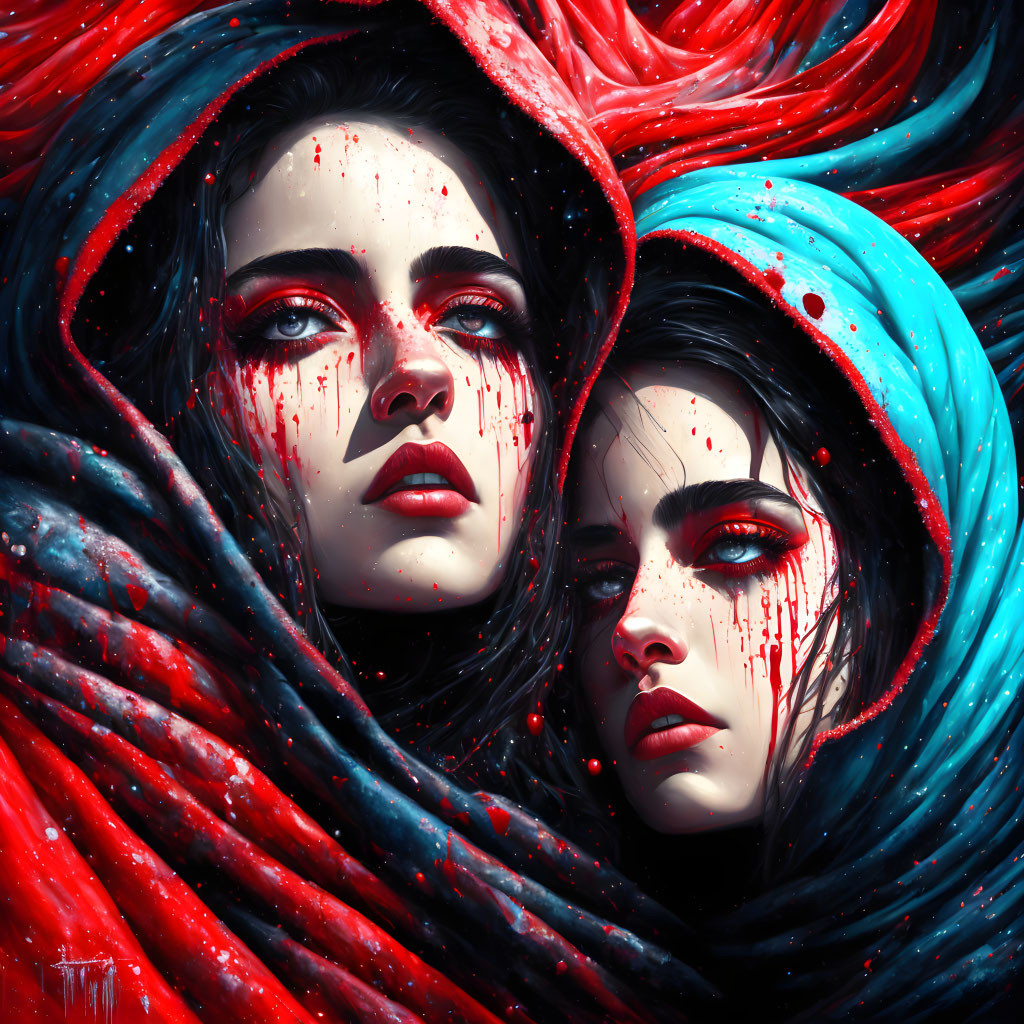 Two Women in Dramatic Makeup & Cloak of Red and Blue