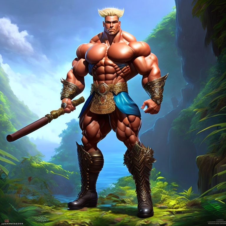 Blonde Warrior with Mace in Lush Green Forest