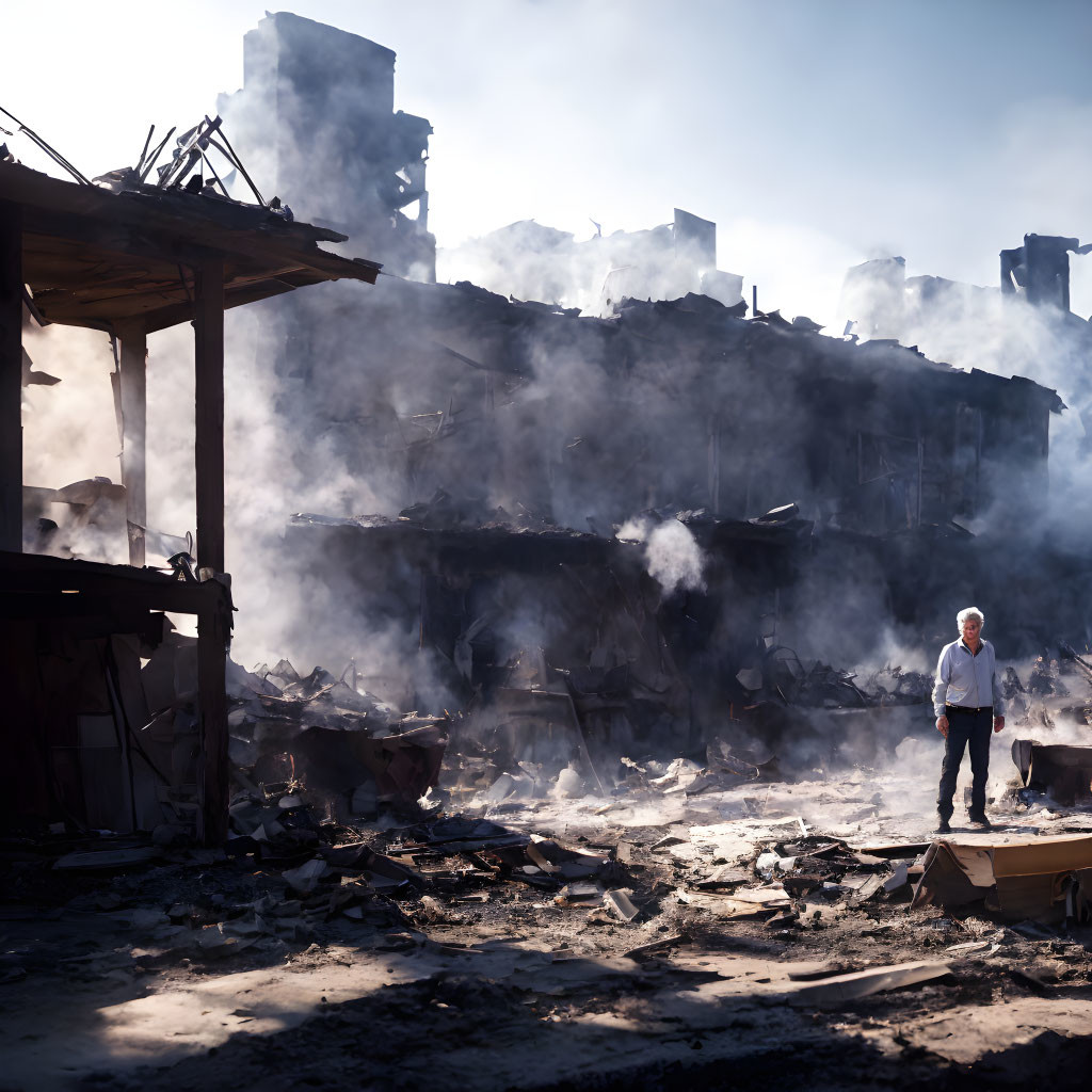 Man in rubble amidst smoke and haze.