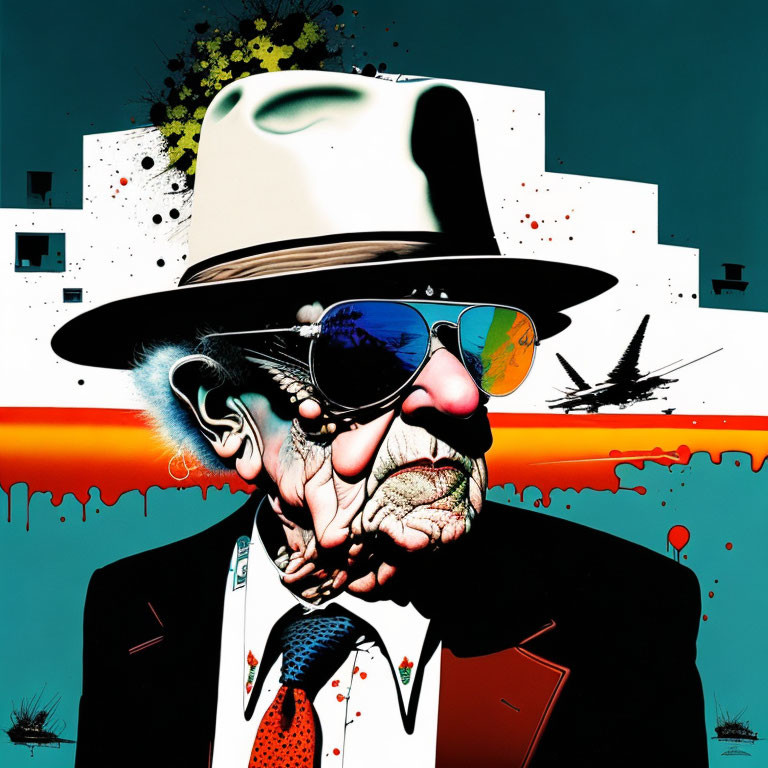 Colorful Abstract Caricature Illustration of Old Man in Fedora and Suit