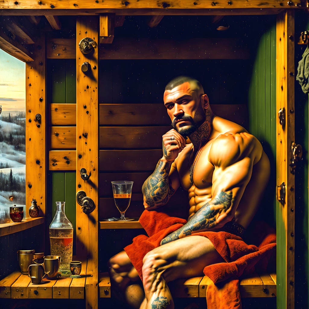 Muscular man with tattoos sits in sauna with wintry landscape view.