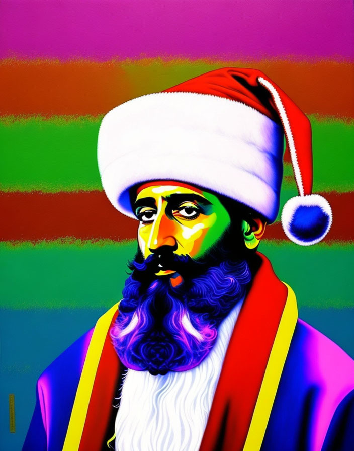 Colorful Pop Art Style Portrait of Man in Turban with Santa Hat