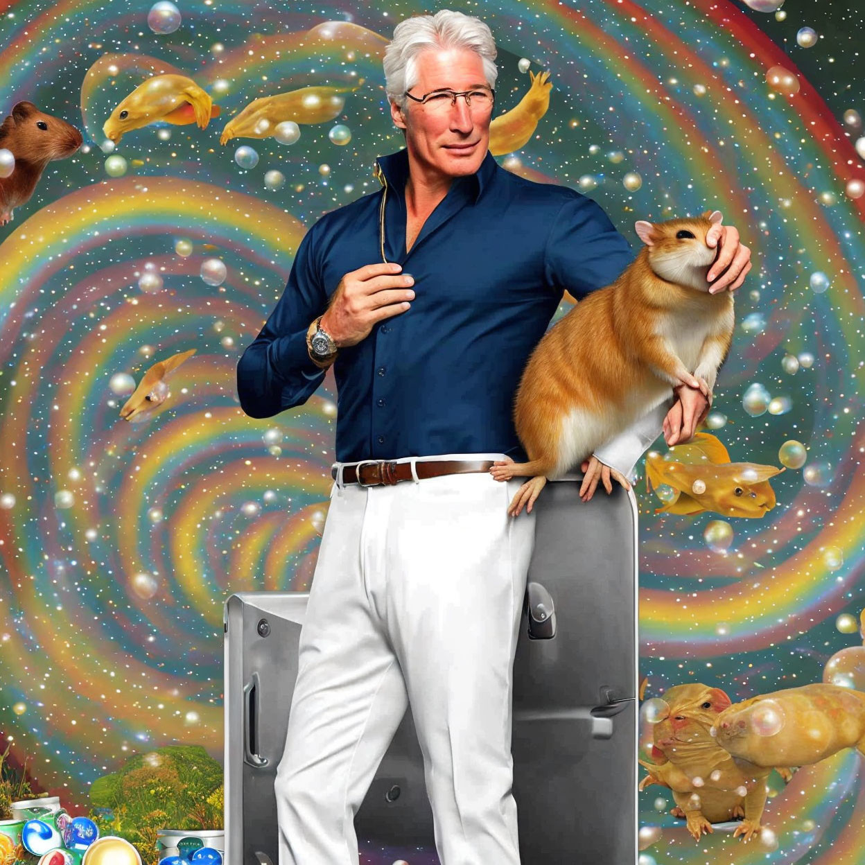 Gray-haired man with glasses surrounded by floating corgis and bananas in cosmic setting