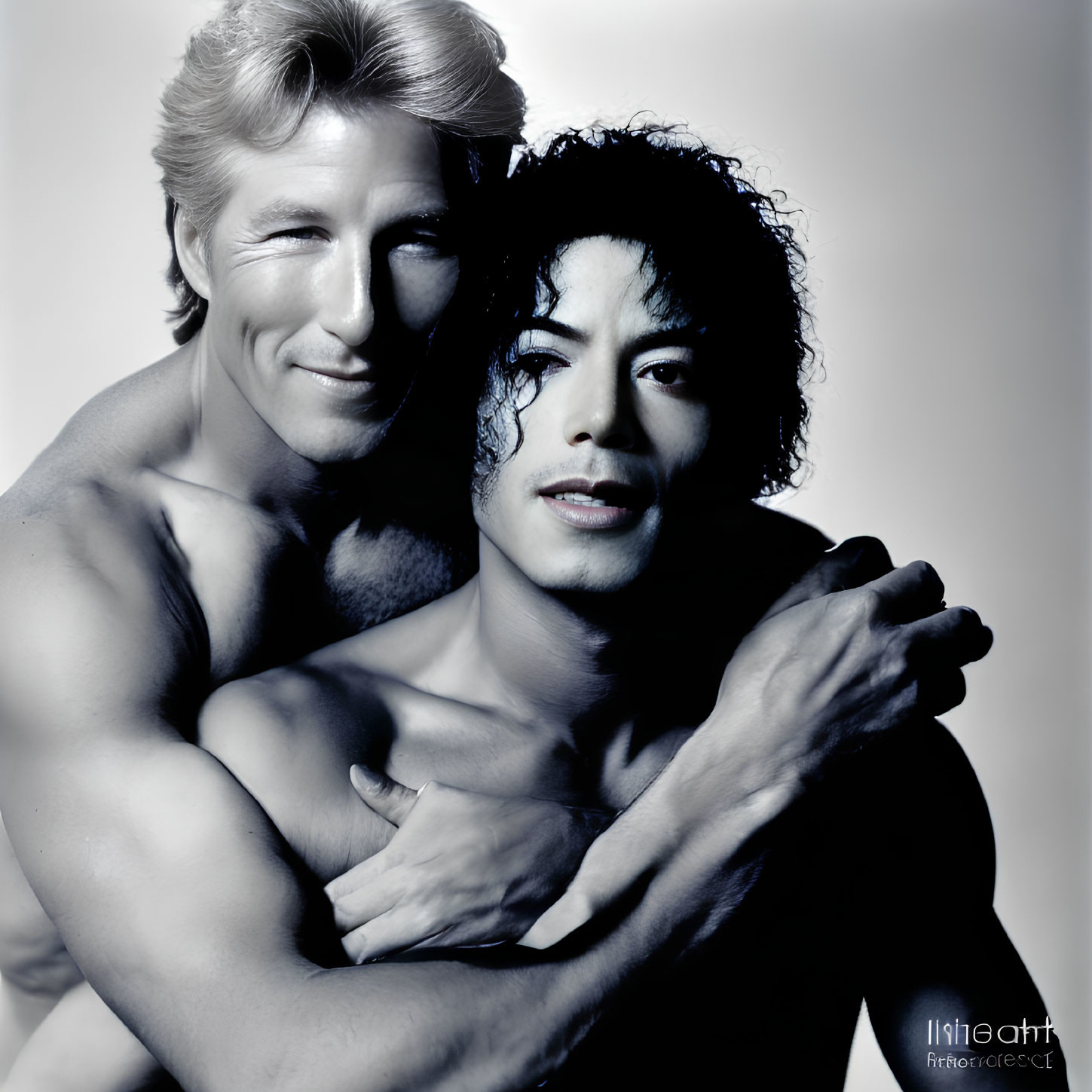 Two men embracing in monochrome portrait.