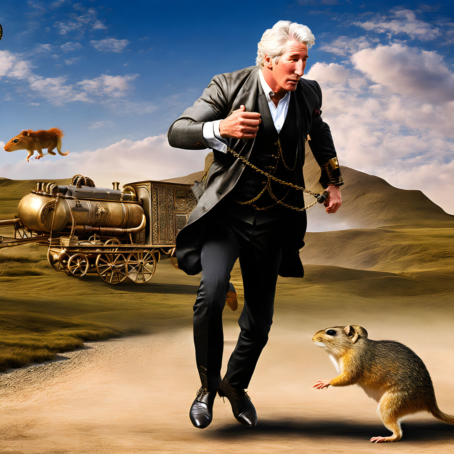 White-haired man in vintage suit by steam train with rodents in desert landscape