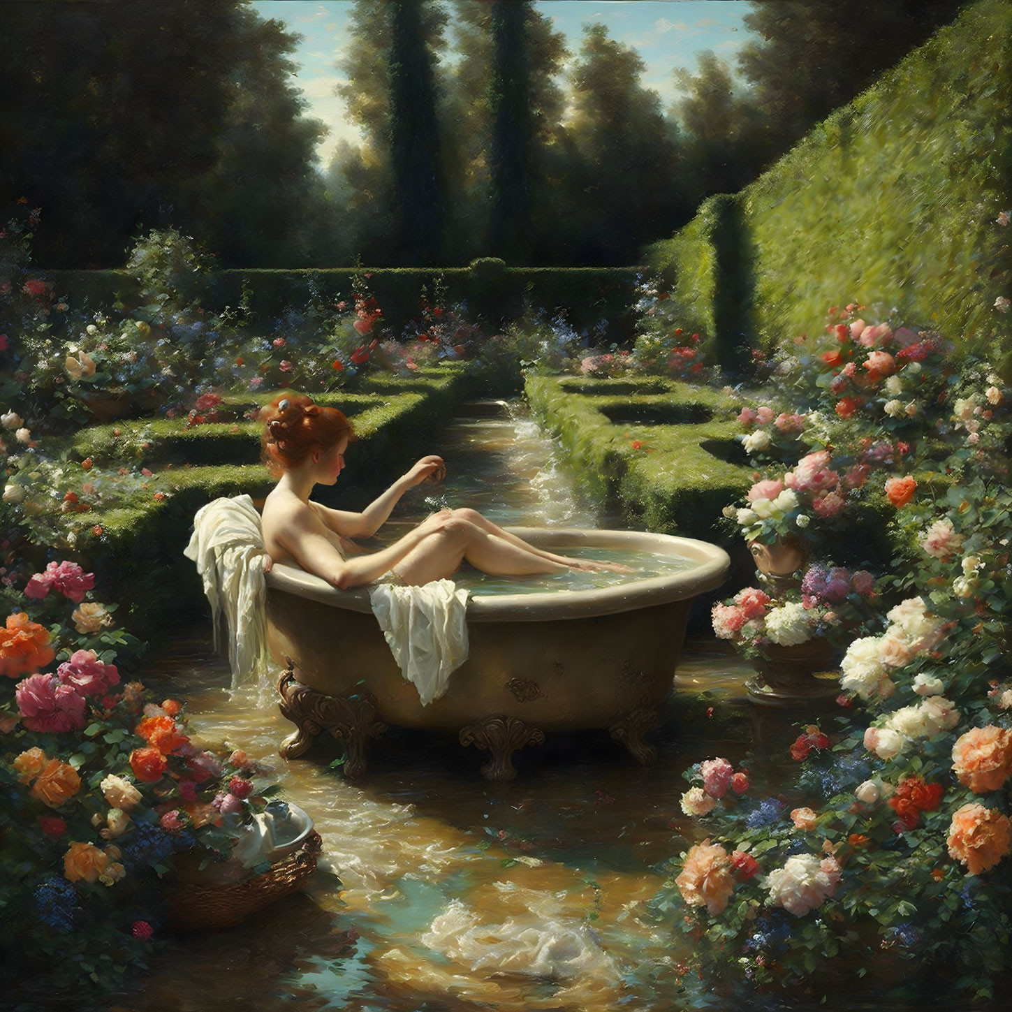 Woman bathing in classic bathtub in serene garden with lush foliage and blooming roses.