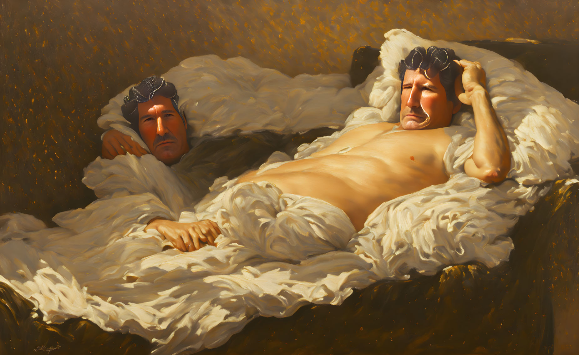 Two reclining figures on luxurious bed with fluffy bedding against golden backdrop.