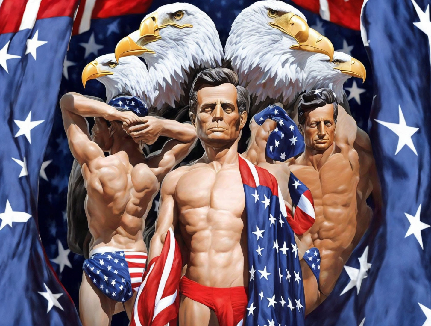 Muscular men draped in American flag with patriotic bald eagles and stars.