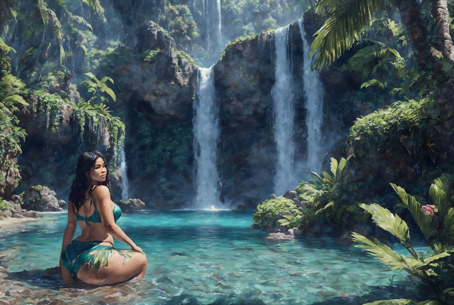 Woman in Swimsuit Contemplating by Waterfall