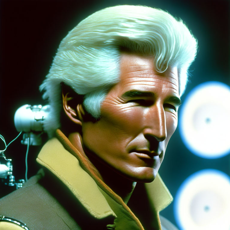 3D-rendered male figure with white hair in yellow-collar jacket