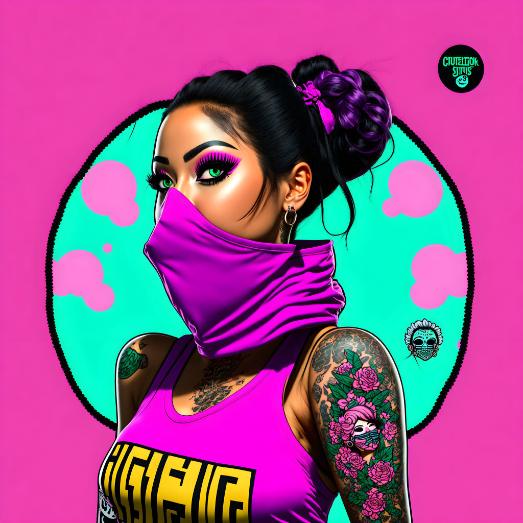 Modern woman illustration with bold makeup, tattoos, pink mask, and edgy style on pink background.