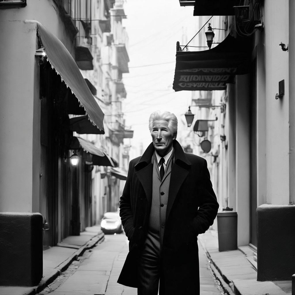 Elderly person with white hair in dark coat on narrow street with buildings in background