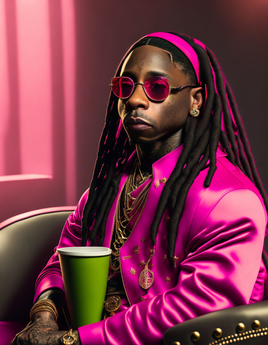 Person with dreadlocks in pink blazer holding green cup against pink and purple background