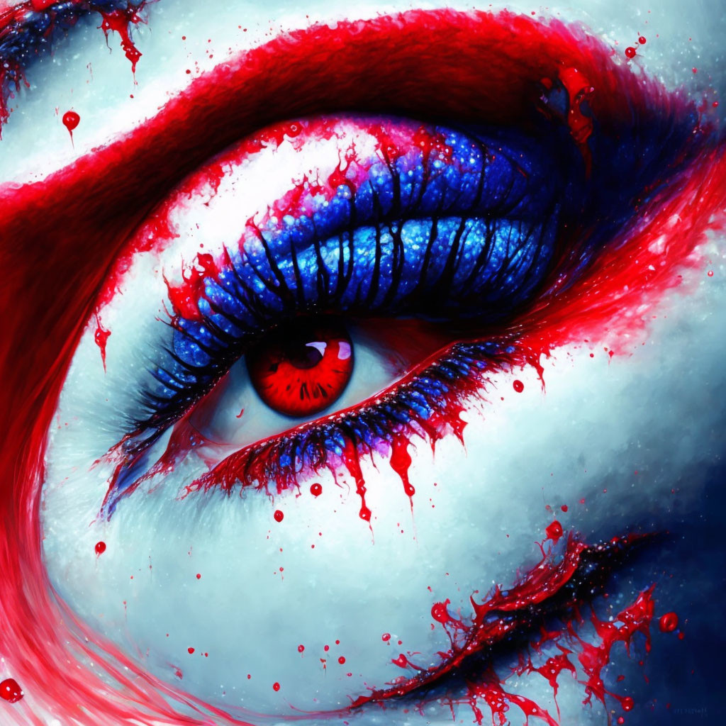 Close-Up Digital Art of Eye with Electric Blue Eyeshadow and Red Pupil