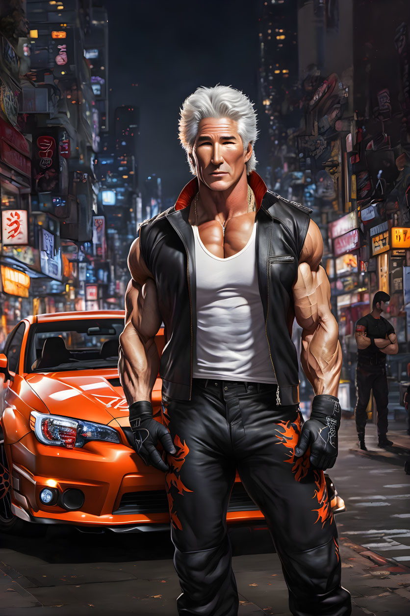 Muscular man with white hair and black vest in neon-lit street with orange sports car